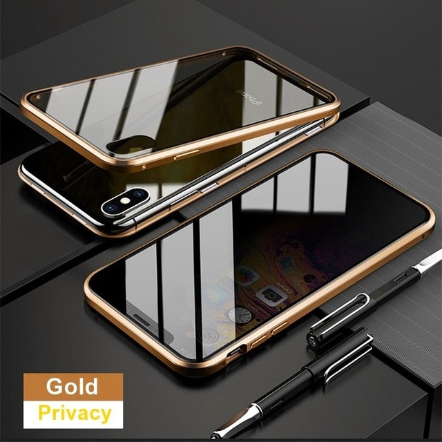 Magnetic Tempered Glass Privacy Metal Phone Case Coque 360 Magnet Cover